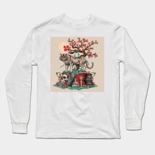 white tiger on top of a skull behind it a beautiful sakura tree and a black tomb Long Sleeve T-Shirt